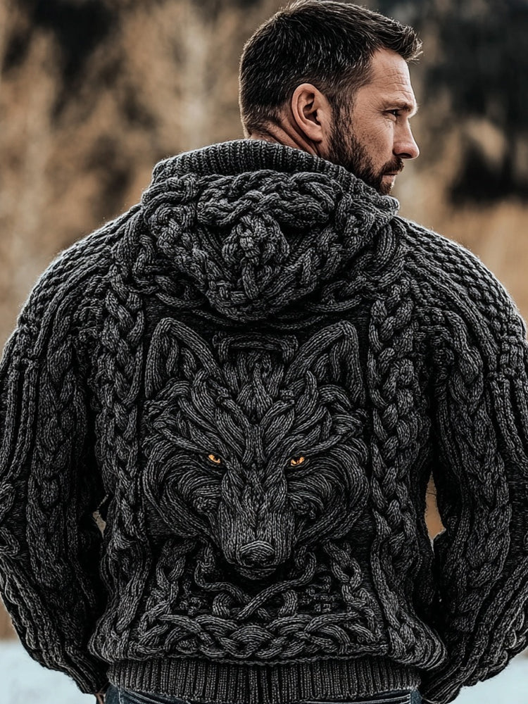 Men's Viking Celtic Wolf Knit Chunky Hooded Sweater artswardrobe