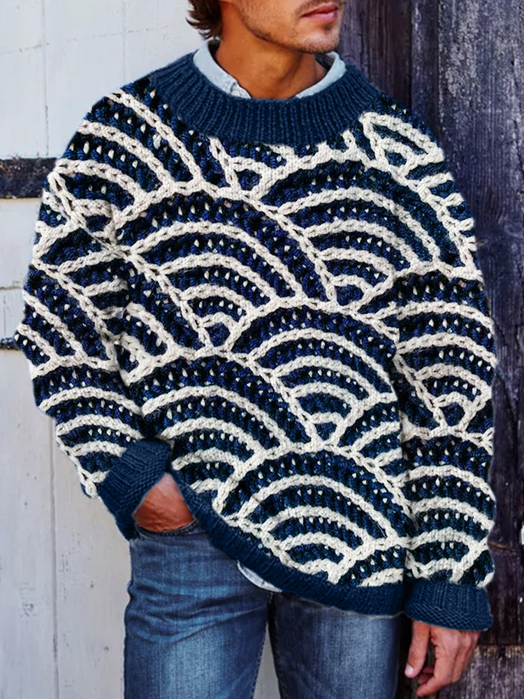 Men's Japanese Sea Waves Crochet Chunky Cozy Sweater elevenforest