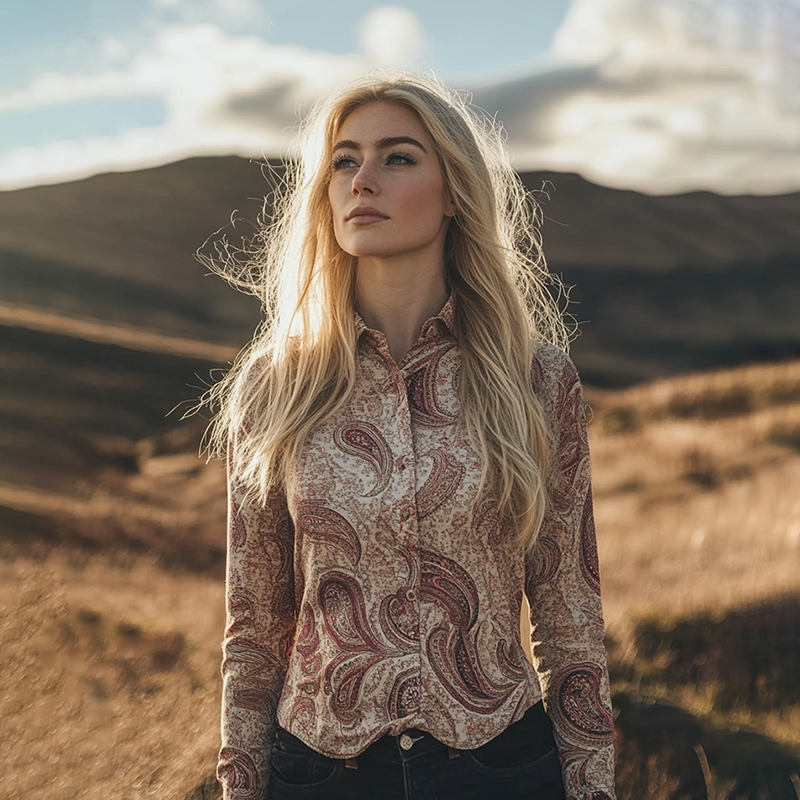 Paisley Pattern Style Linen Print Long Sleeve Shirt artswardrobe