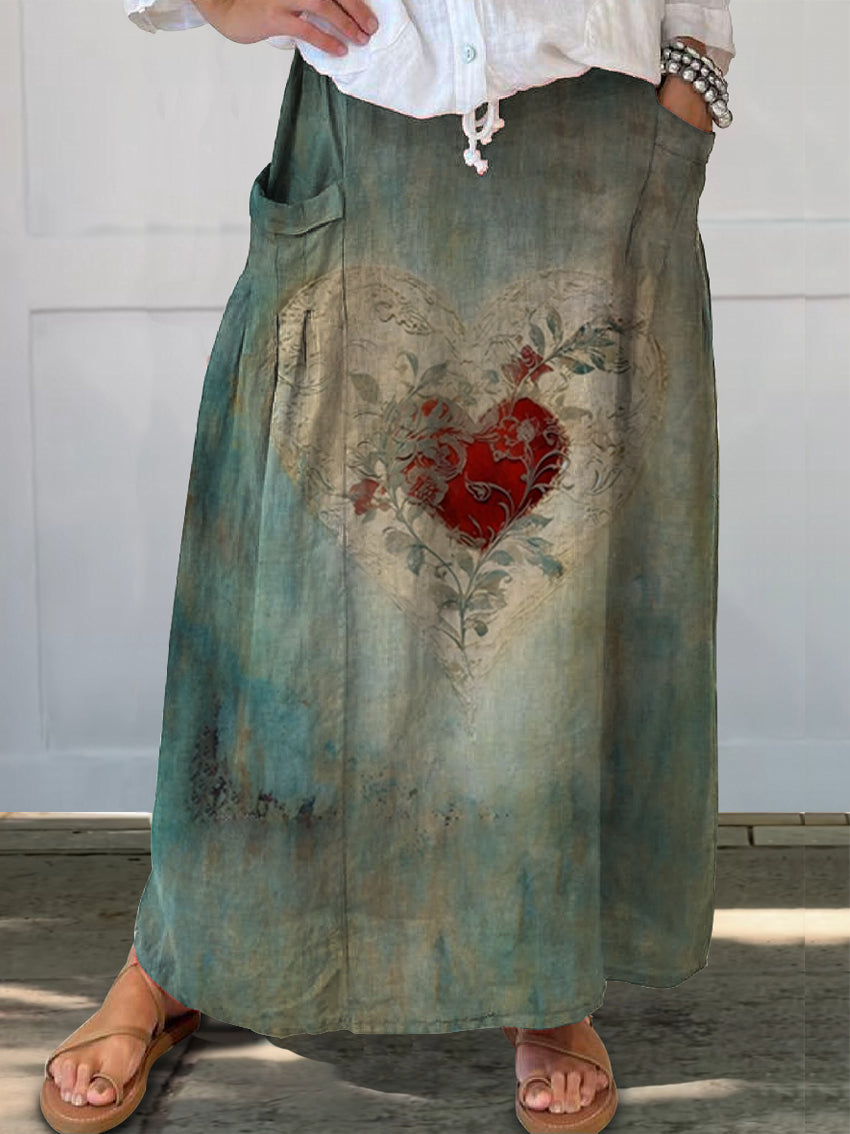 Women's Love Tattoo Pattern Art Printed Linen Pocket Skirt