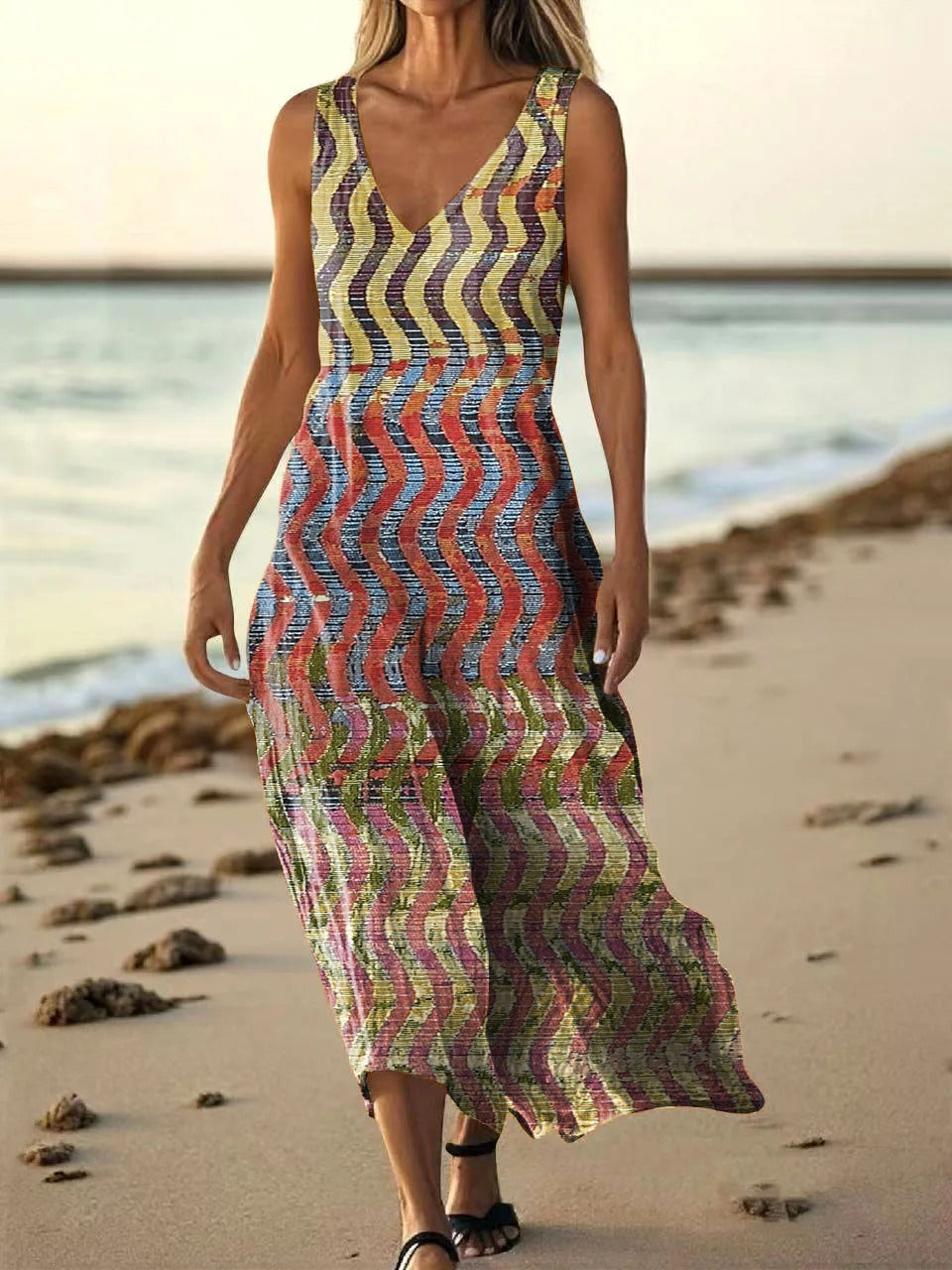 Women's Retro Wave Gradient Art Print V Neck Sleeveless Pocket Cotton