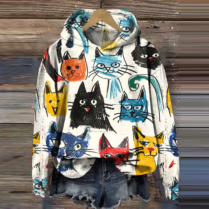 Women's Cute Kid Drawing Cat Art Print Casual Sweatshirt elevenforest