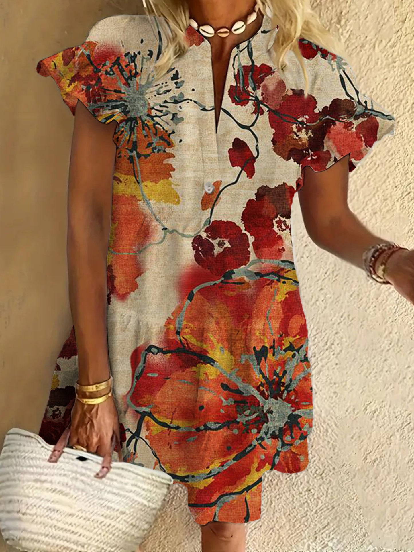 Flower Ruffled Short-sleeved V-neck Buttoned Dress Vacation Beach Dress