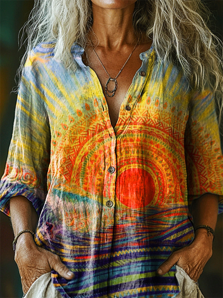 Women's Sunrise By The Sea Art Print Casual Cotton Linen Shirt