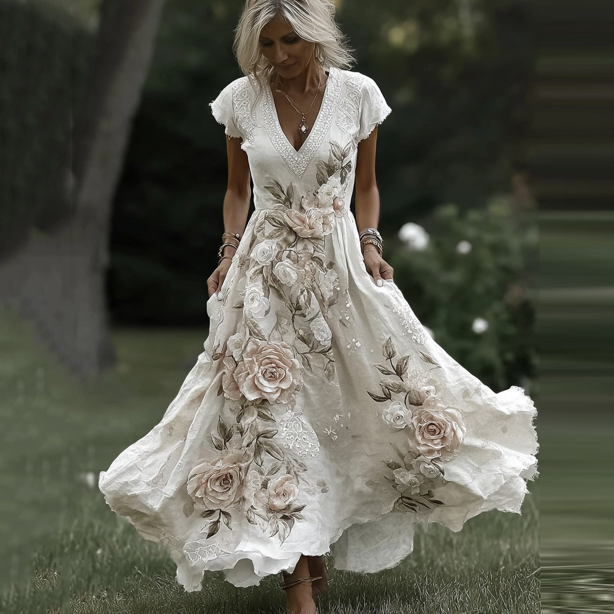 Women's Vintage Floral Embroidered Art Pattern Short Sleeve Midi Dress elevenforest