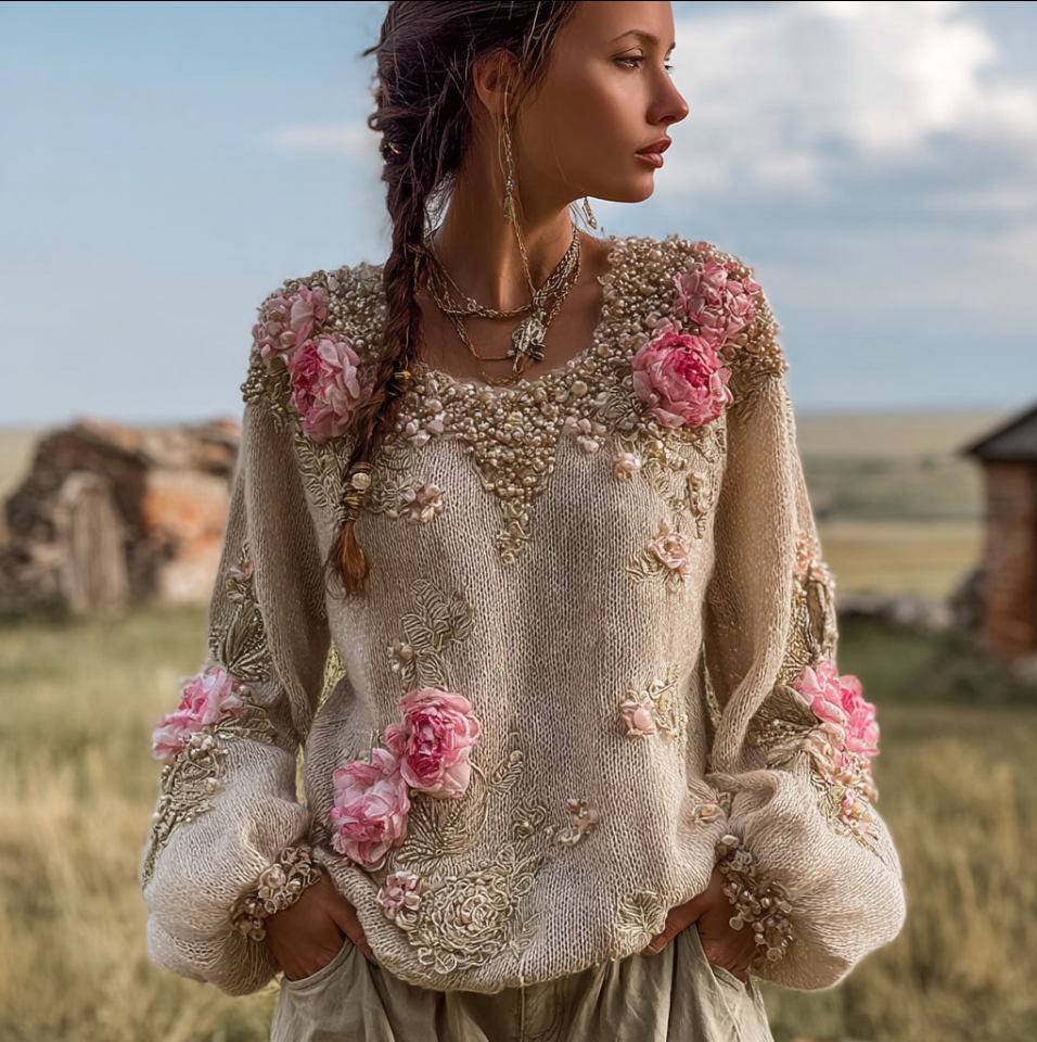 Bohemian Style Round Neck Long Sleeve 3d Floral Design Women's Sweater artswardrobe