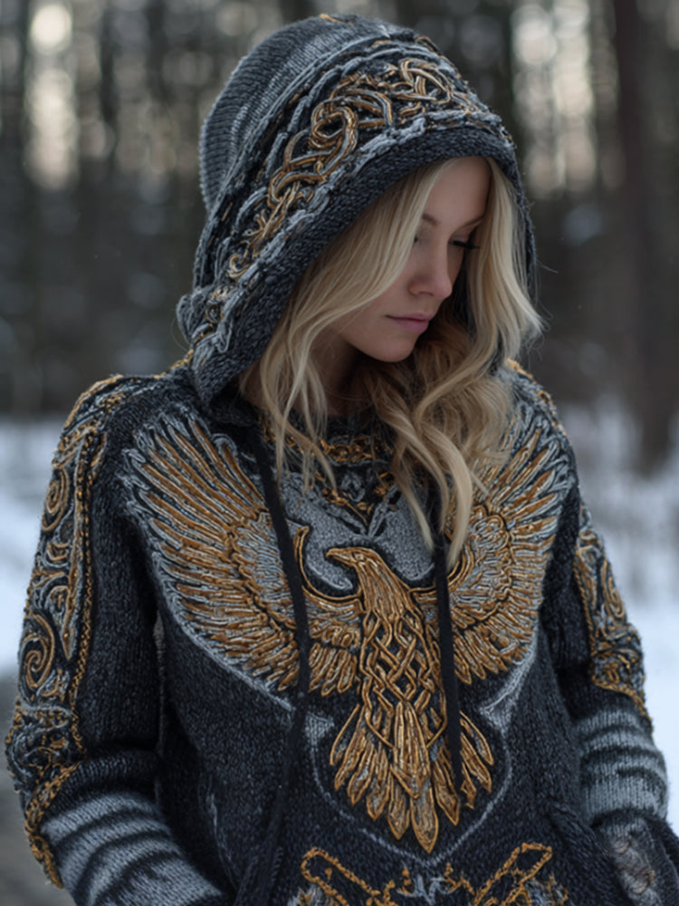 Women's Viking Golden Crow Embroidery Tie-dye Vintage Hooded Sweater artswardrobe