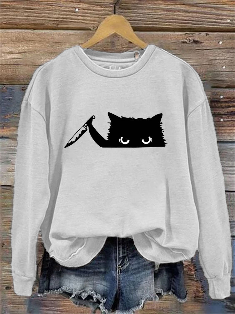 Women's Casual Funny Black Cat Print Sweatshirt elevenforest
