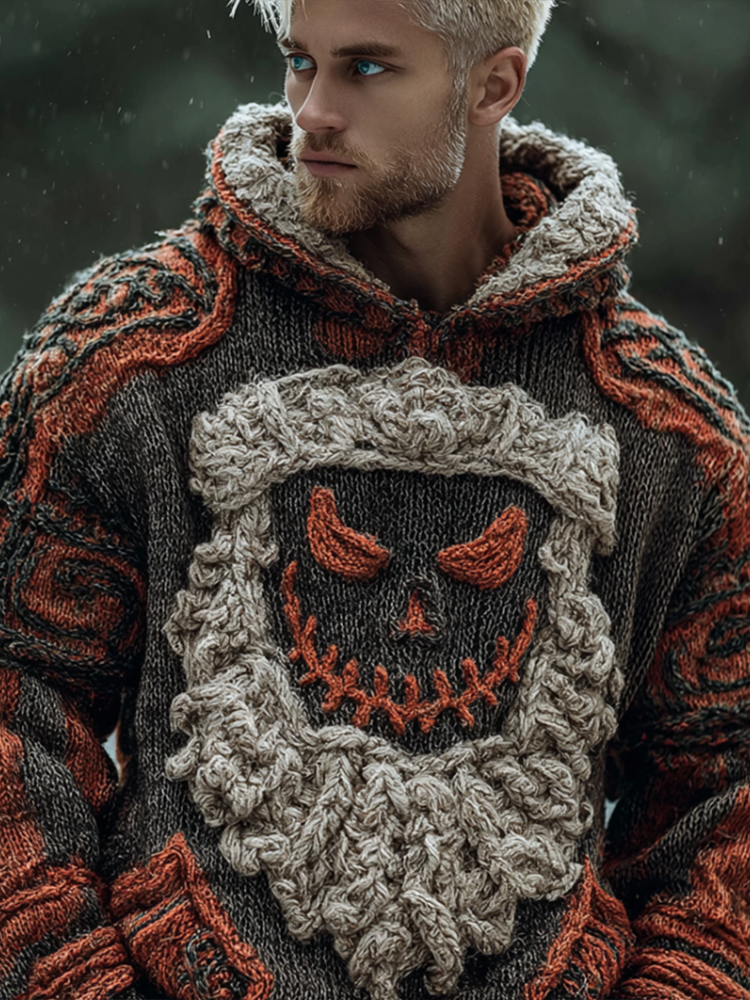 Halloween Viking Grotesque Santa Claus Men's Knit Hooded Sweater artswardrobe