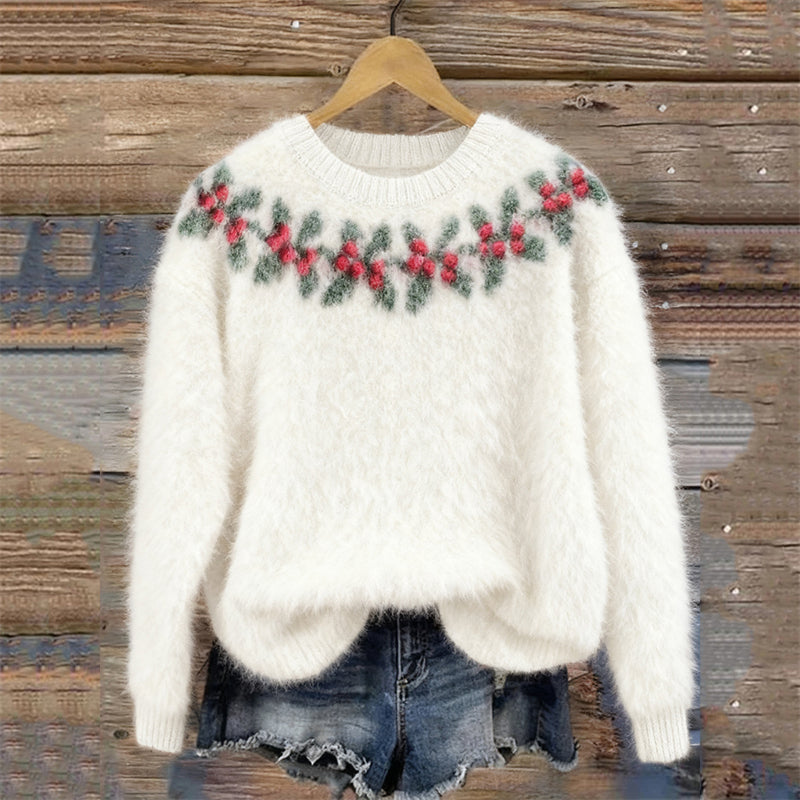 Vintage Christmas Berry Yoke Crochet Cozy Sweater