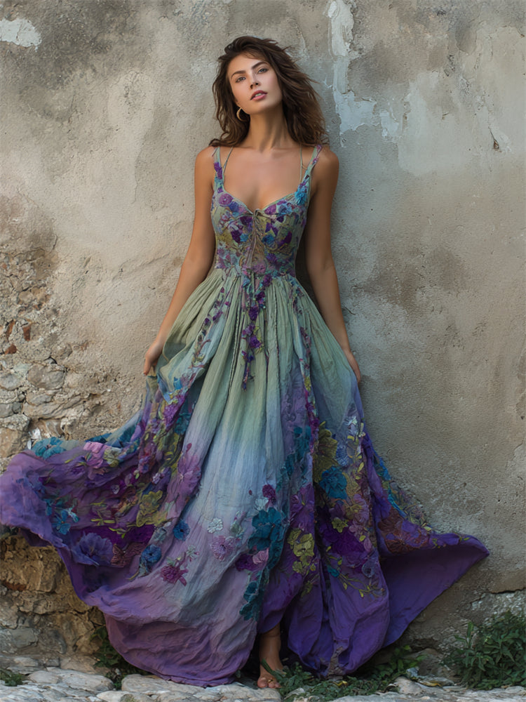 Classy Violet Floral Embroidered Gradient Flowy Linen Maxi Dress artswardrobe