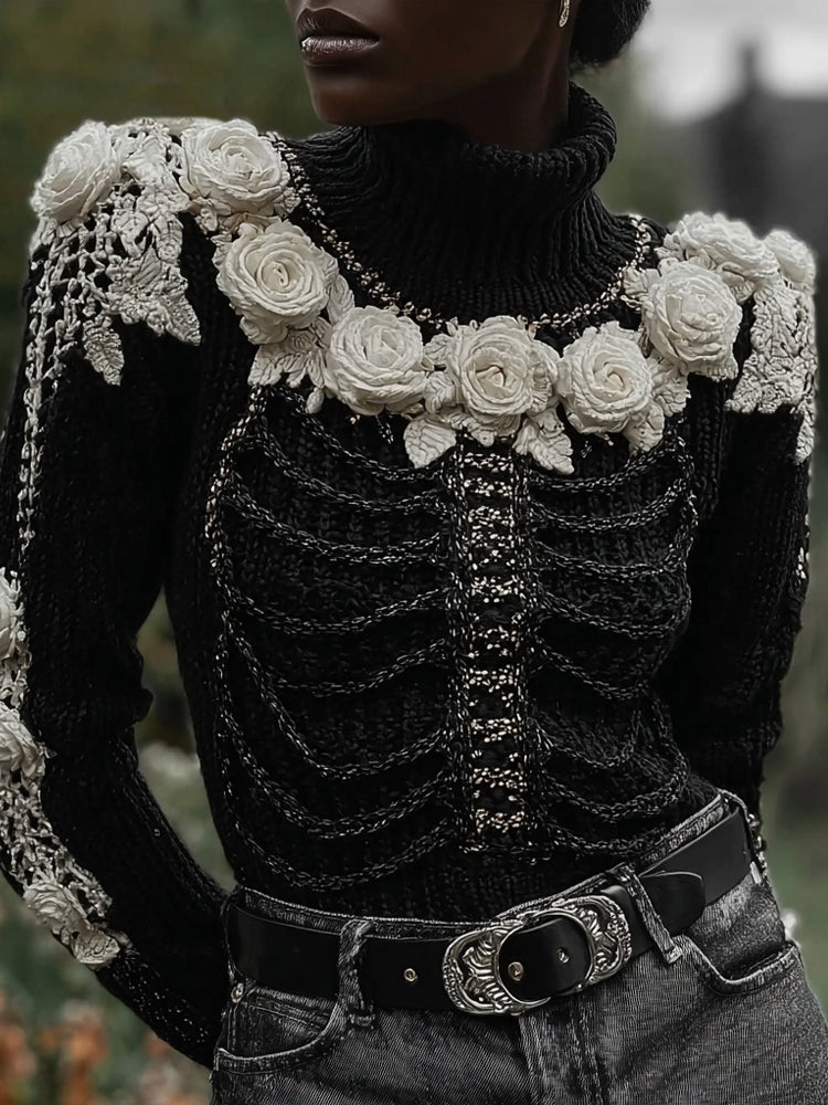 Classy Skeleton Roses Embroidered Cozy Turtleneck Sweater artswardrobe