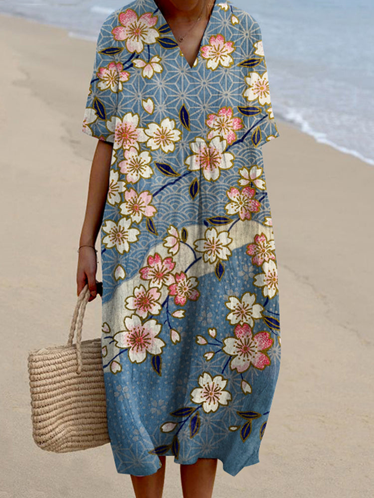 Japanese Plum Blossom Art Printed V Neck Casual Midi Dress