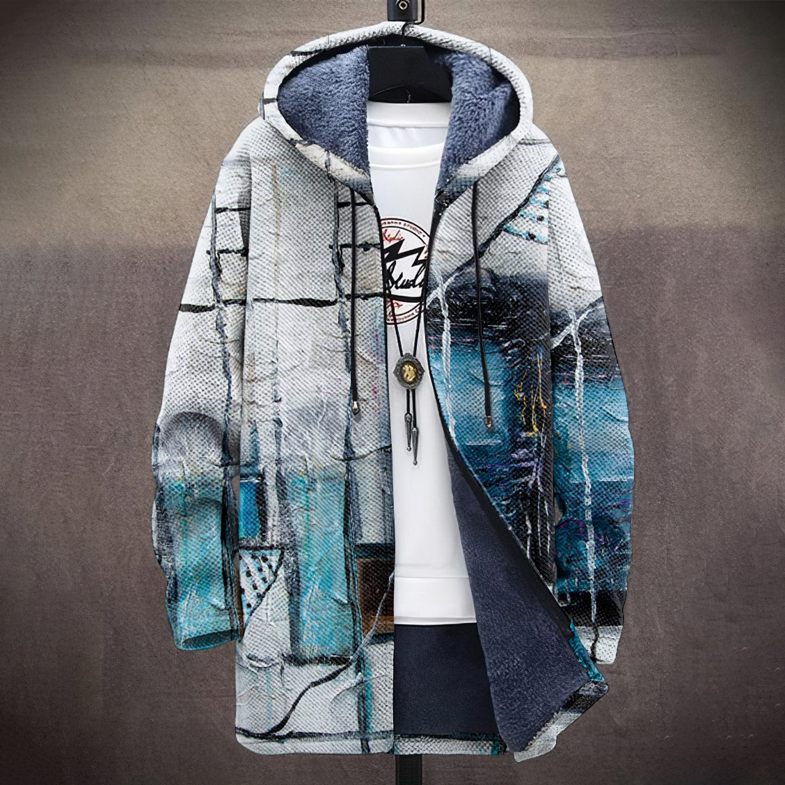 Vintage Blue Oil Painting Abstract Pattern Plush Thick Sweater Coat artswardrobe