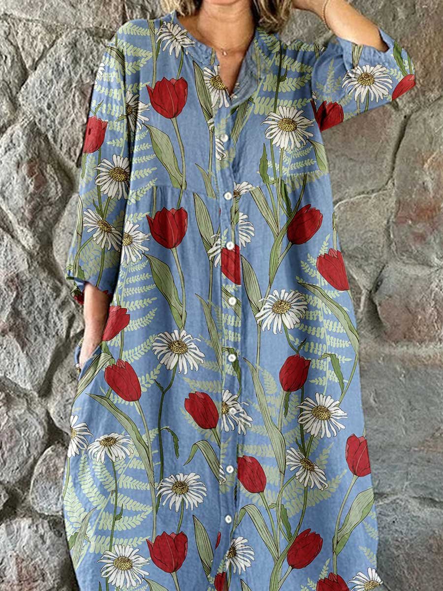 Women's Elegant Floral Pattern Cotton and Linen Dress