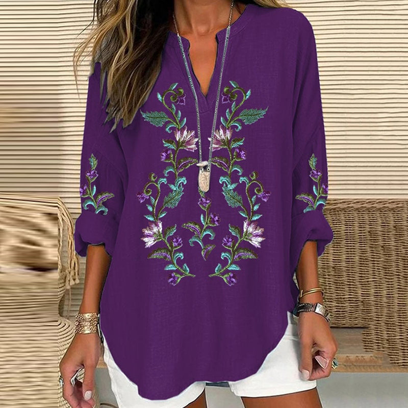 Scottish Thistle Embroidered Linen Blend Blouses artswardrobe