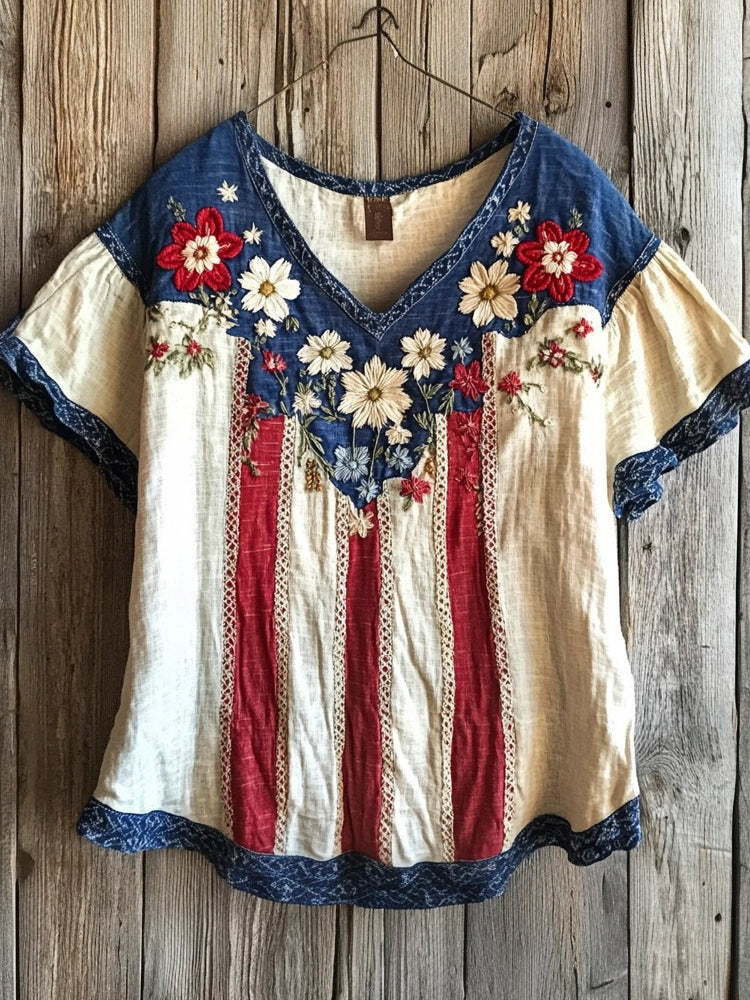 Vintage Flag Floral Embroidery Women's Linen V-neck T-shirt artswardrobe