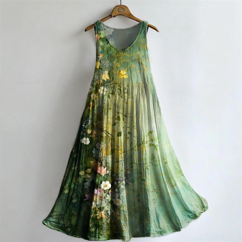 Women's Floral Art Print V-Neck Pocket Cotton Dress