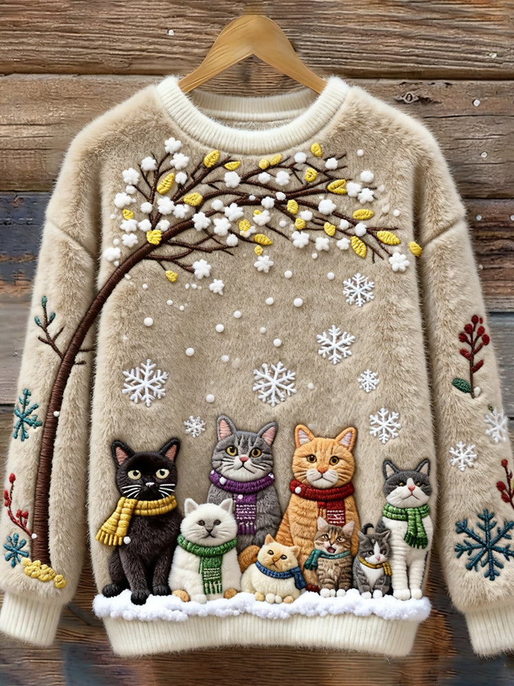 Christmas Cats Embroidery Women's Cozy Plush Sweater artswardrobe