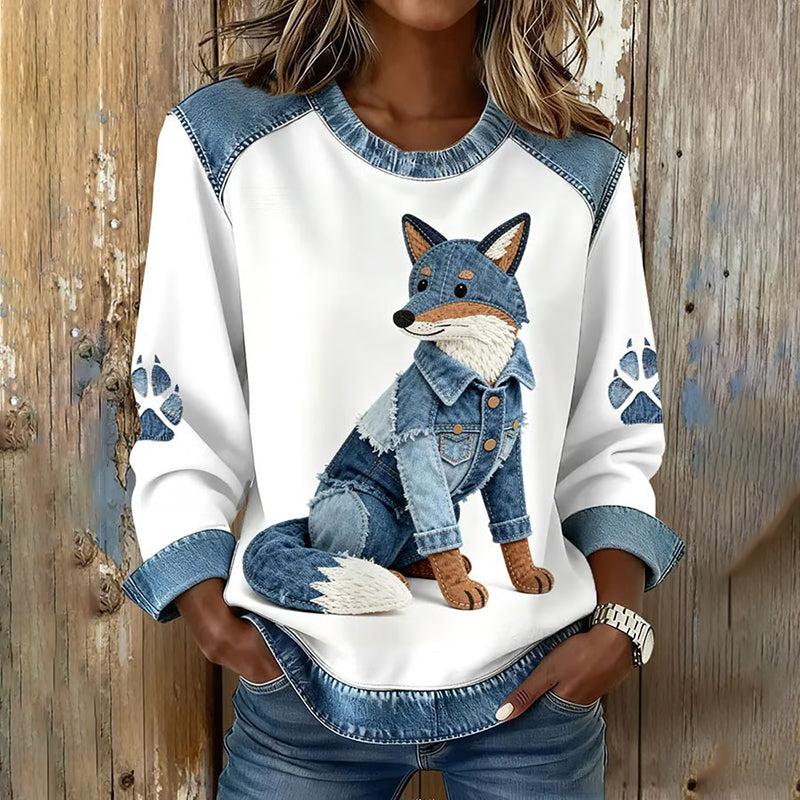 Comstylish Women's Vintage Handsome Fox And Nick Art Pattern Patchwork Casual Sweatshirt