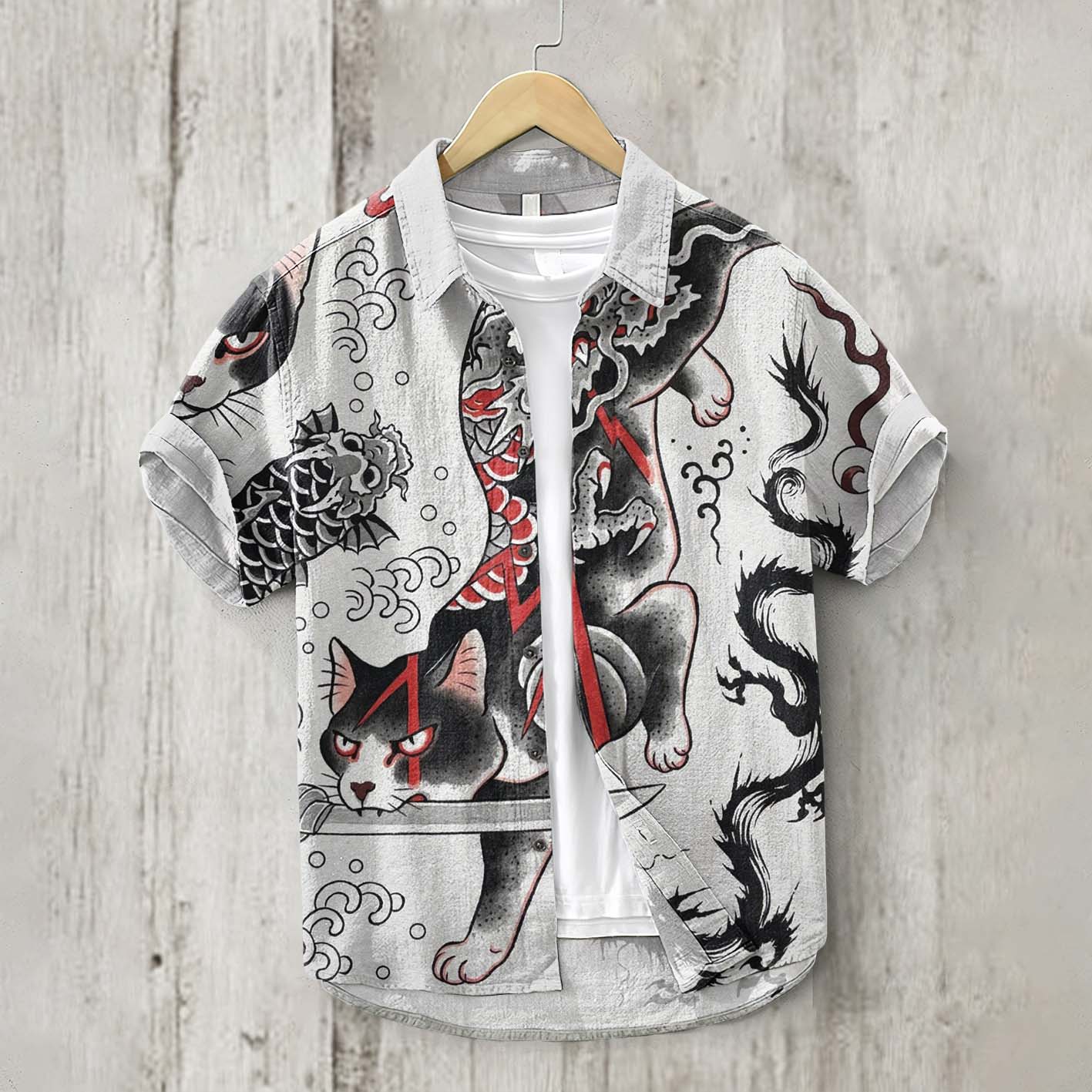 Vintage Japanese Art Warrior Cat Linen Blend Shirt elevenforest