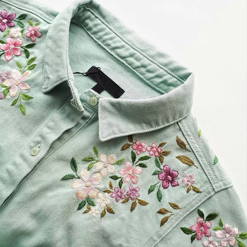 Comstylish Women's Retro Floral Embroidery Art Long Sleeve Casual Shirt