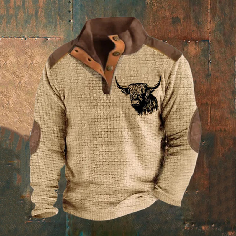 Men's Highland Cow Print Button Casual Long Sleeve Sweatshirt artswardrobe