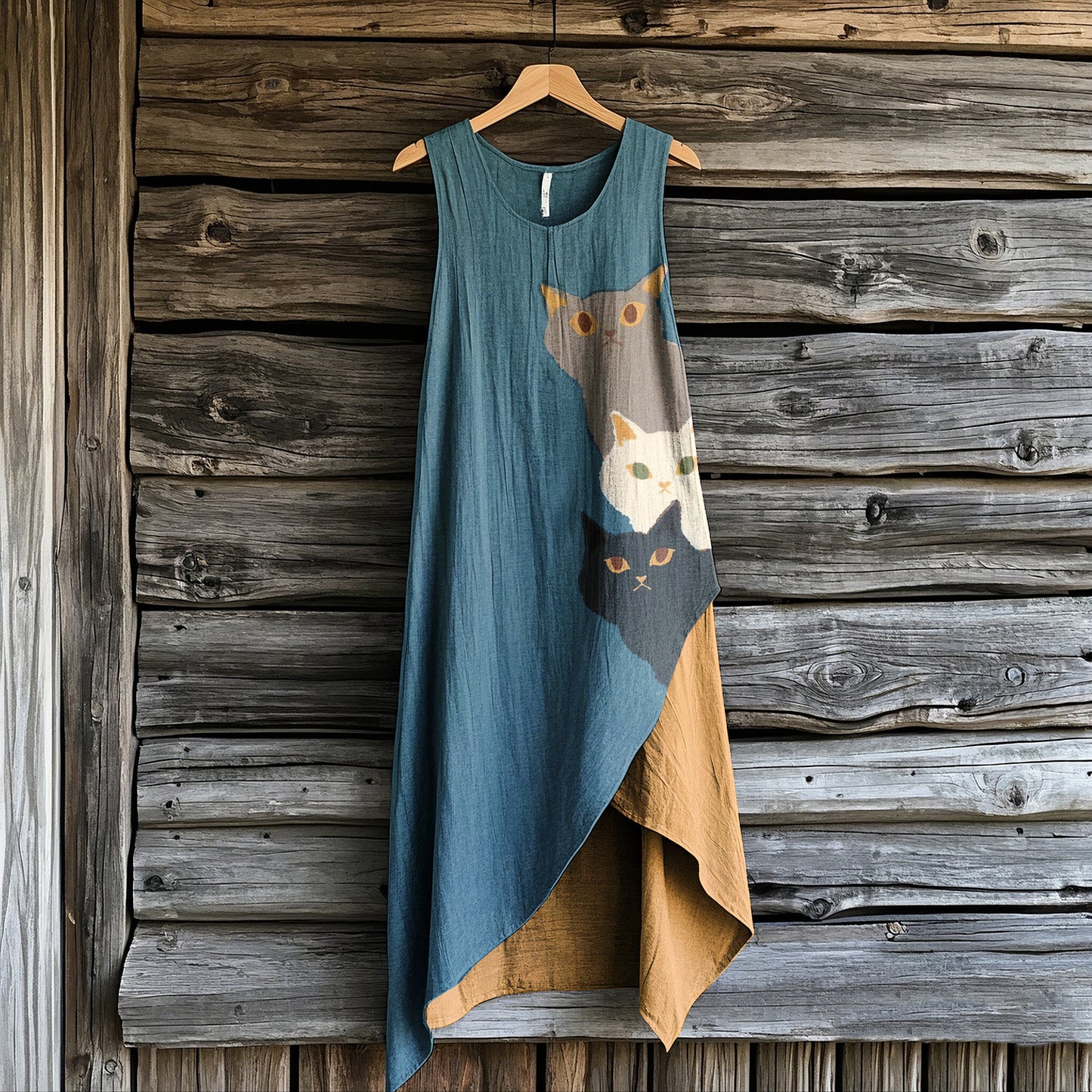 Women's Retro Funny Cat Art Print Irregular Dress elevenforest