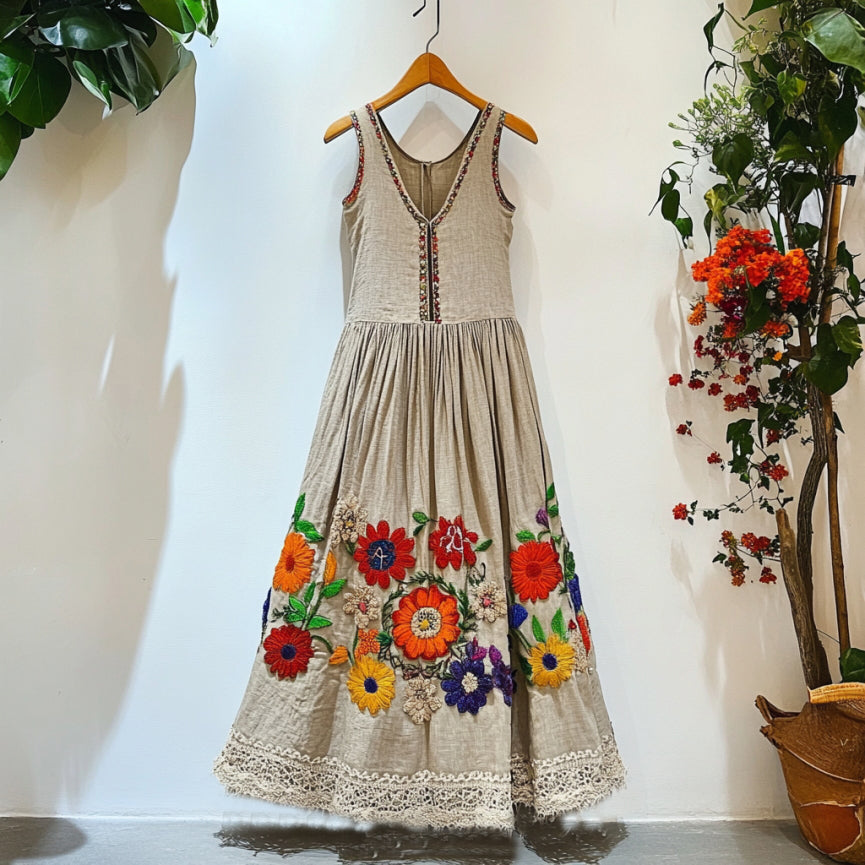 Bohemian Floral Embroidered Lace Patchwork Linen Vest Maxi Dress artswardrobe