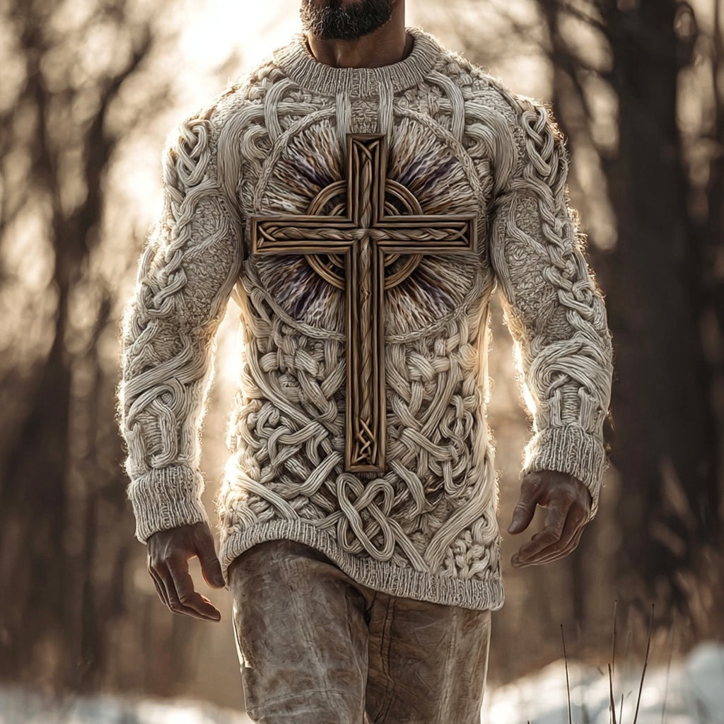 Men's Faith Cross Celtic Jacquard Chunky Knit Sweater artswardrobe
