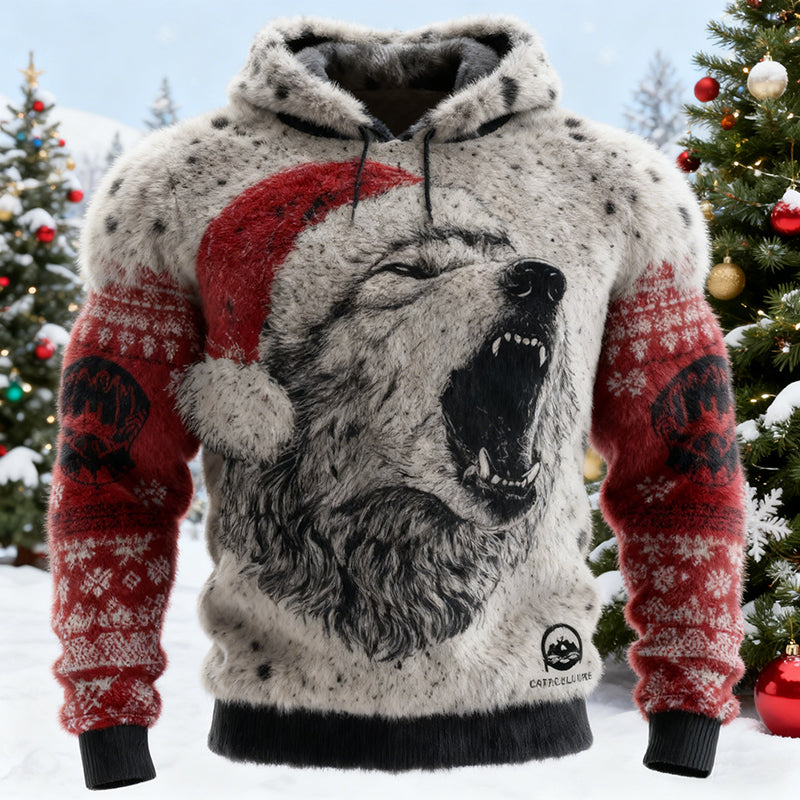 Comstylish Men's Retro Ugly Viking Christmas Wolf Art Pattern Flannel Hoodie