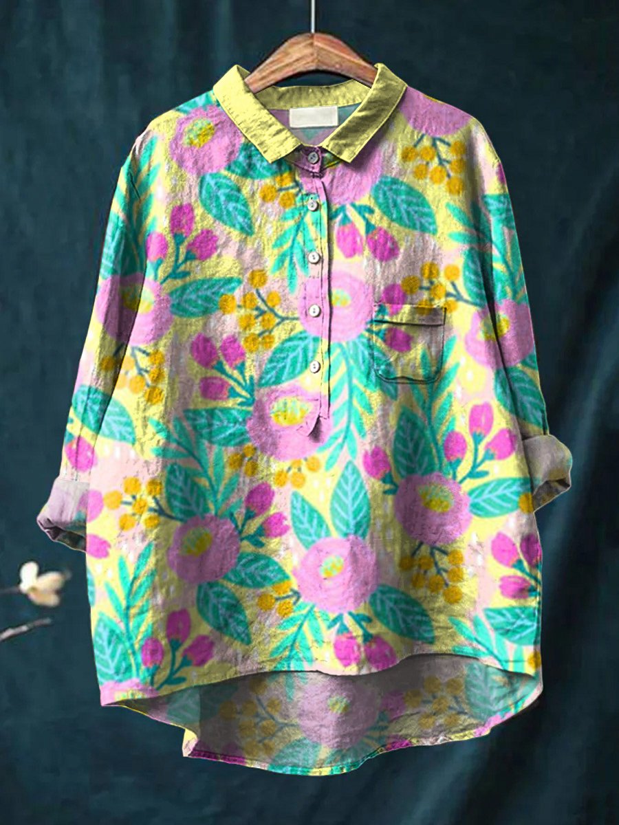 Women's Watercolor Flowers Floral Art Print Casual Cotton And Linen Shirt