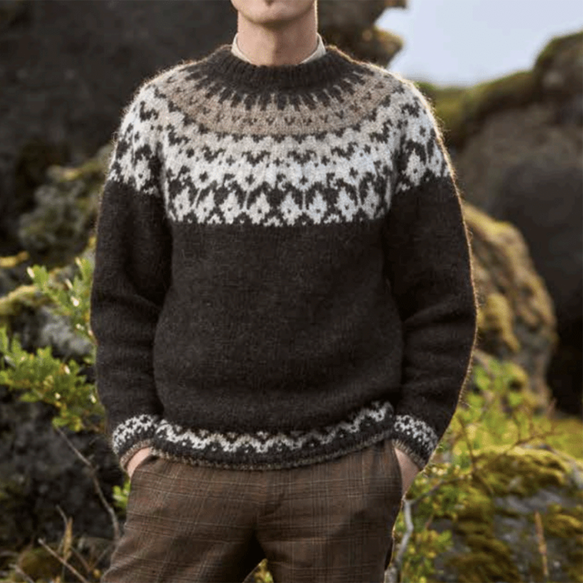 Men's Vintage Knitted Jacquard Crew Neck Sweater elevenforest