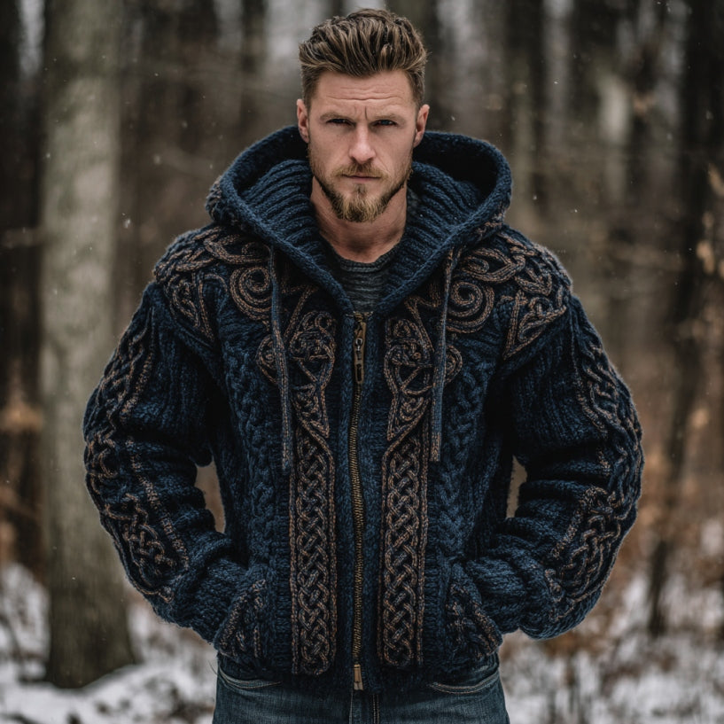 Men's Vintage Viking Celtic Knot Art Cozy Knit Hooded Jacket elevenforest