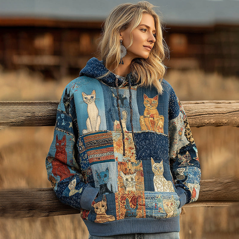 Comstylish Women's Denim Patchwork Cute Cat Print Hoodie