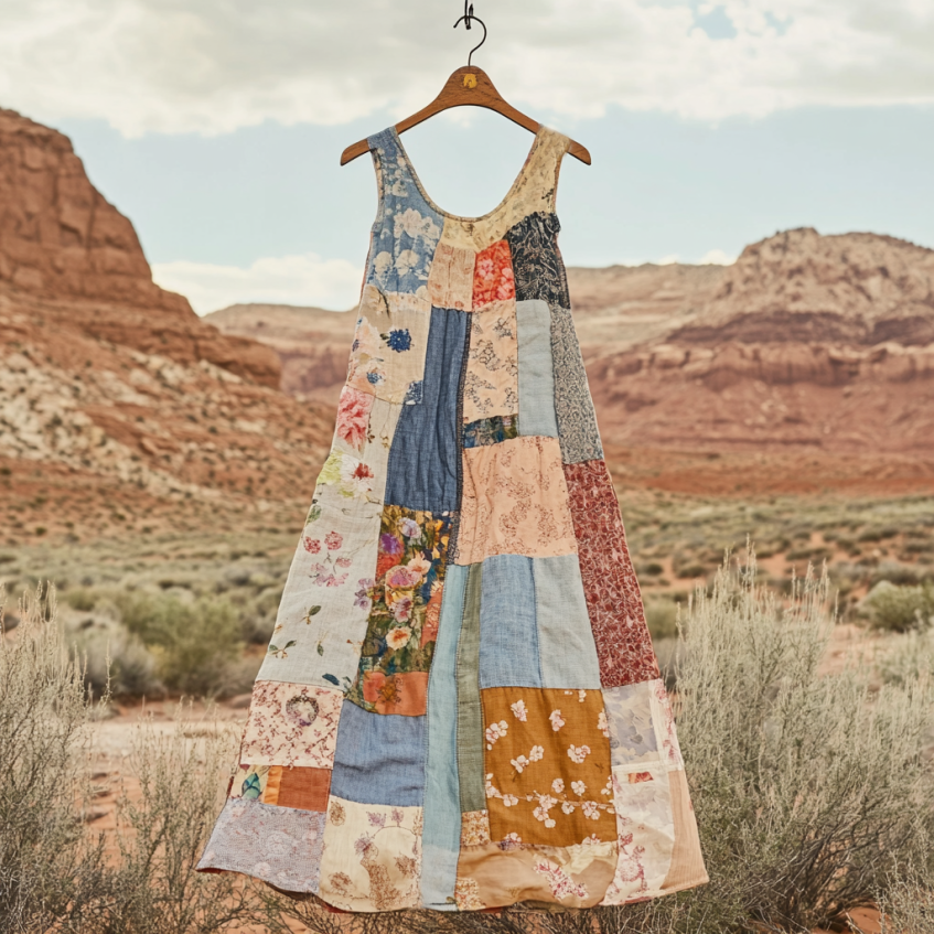 Vintage Loose Floral Applique Patchwork Art Pattern Art Linen Tank Dress artswardrobe
