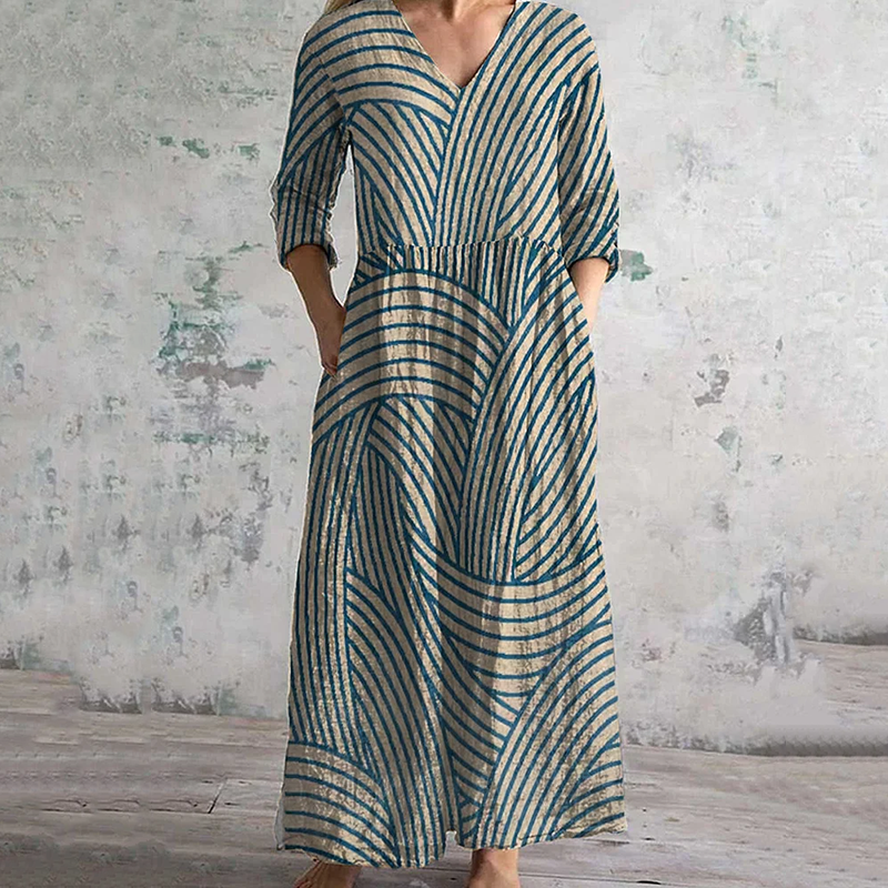 Vintage Irregular Blue Lines Contrast Colors Art Pattern Women's Linen Dress artswardrobe