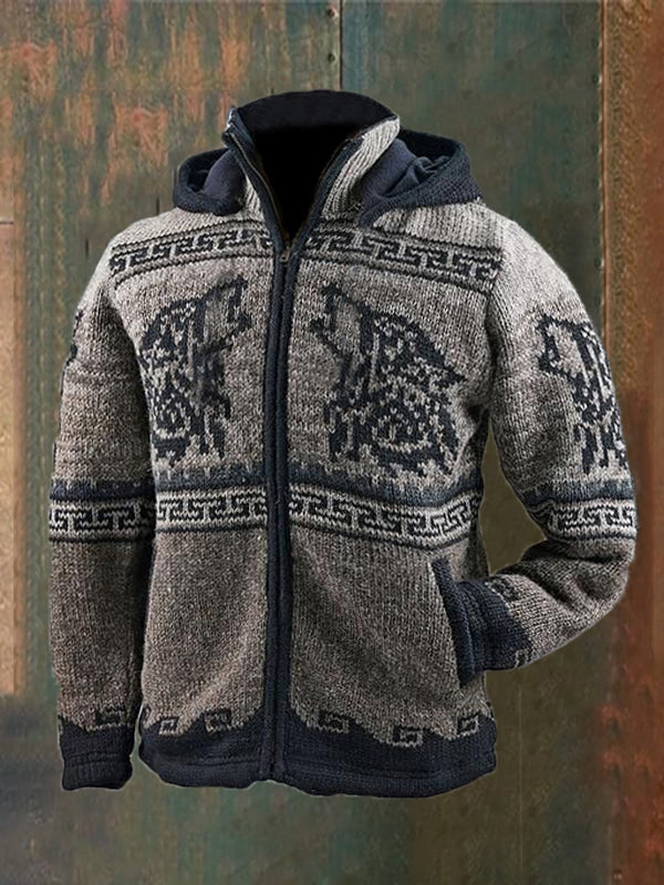 Men's Vintage Western Wolf Pattern Hooded Zip Sweater artswardrobe