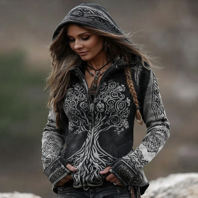 Comstylish Women's Vintage Viking Tree Of Life Art Pattern Plush Zip-up Hoodie