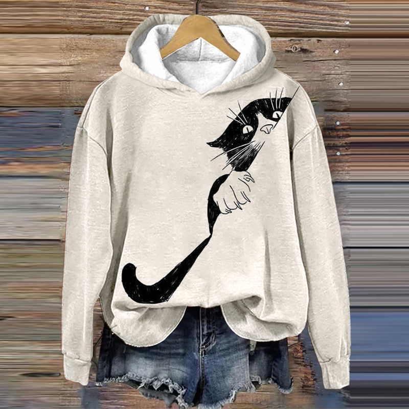 Abstract Creative Peek-A-Boo Black Cat Print Casual Sweatshirt elevenforest