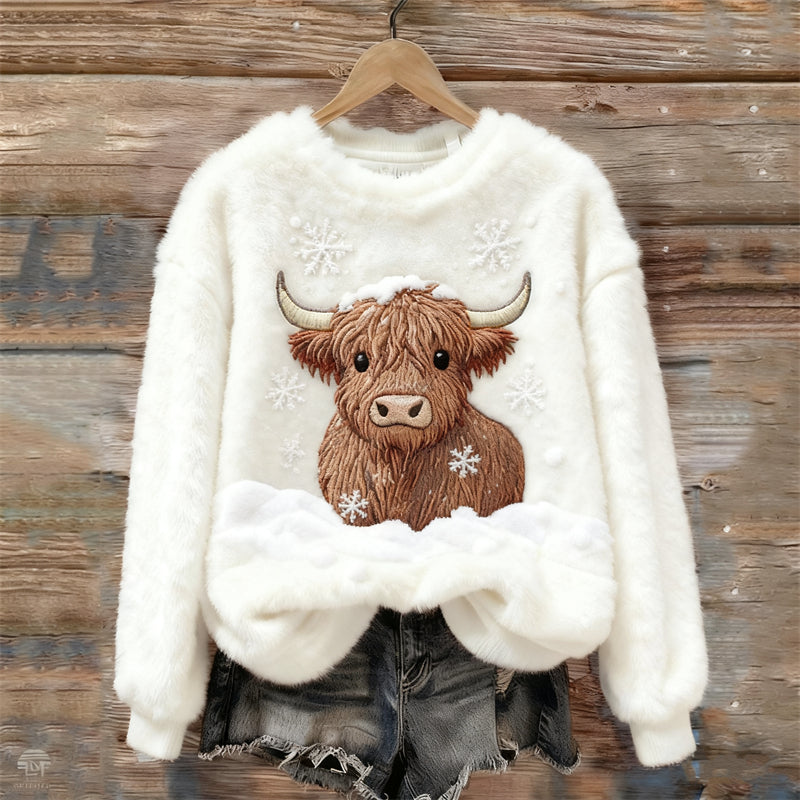 Highland Cow & Snow Embroidered Cozy Plush Sweatshirt artswardrobe