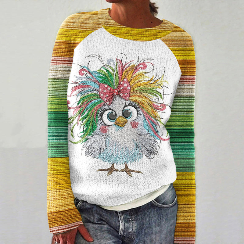 Funny Thanksgiving Fall Rainbow Crazy Chicken Embroidery Art Print Knitted Pullover Sweater artswardrobe
