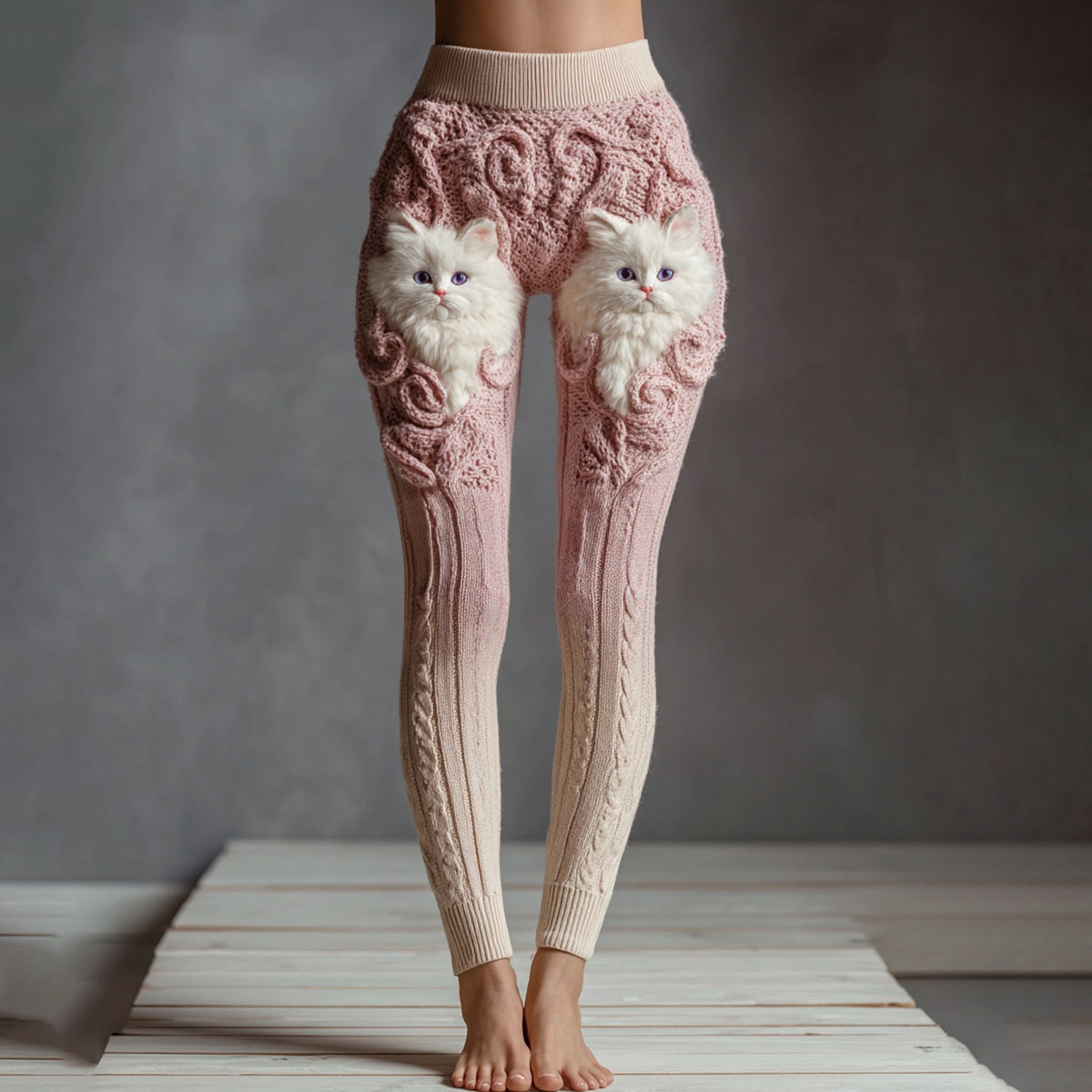 Women's Cute Cat Face Embroidered Gradient Cozy Leggings