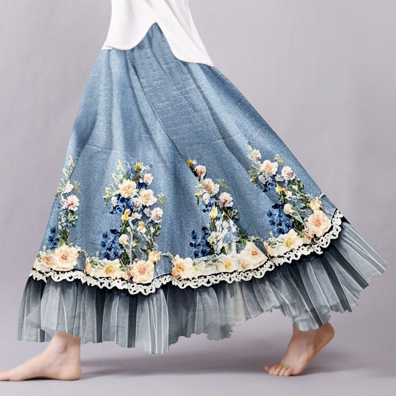 Vintage Floral Lace Patchwork Art Flowy Wide Skirt artswardrobe