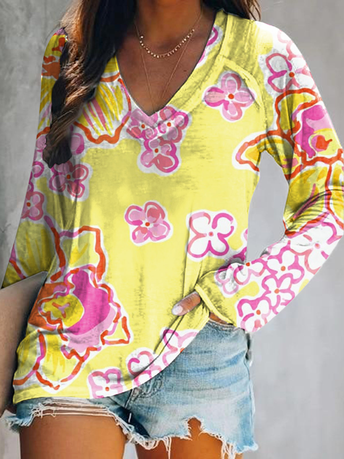 Women's Casual Bohemian Floral Art Print V Neck Long Sleeve Tops