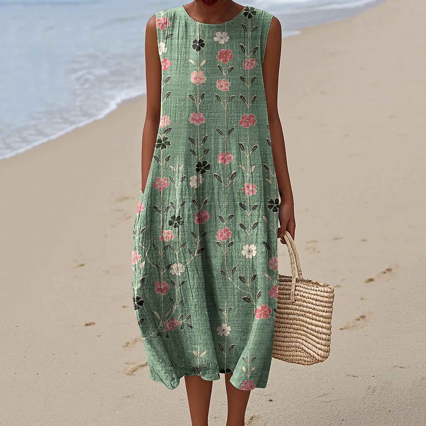 Women's Vintage Floral Art Linen Tank Dress artswardrobe