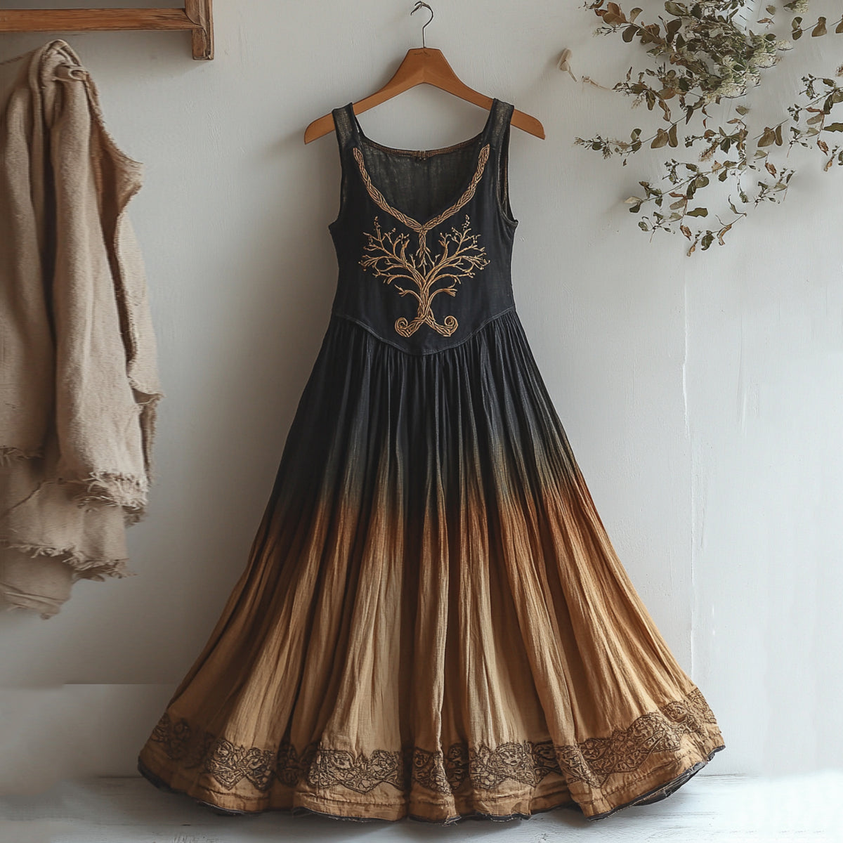 Women's Vintage Viking Tree Of Life Gradient Art Linen Dress artswardrobe