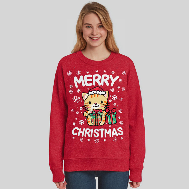 Comstylish Women's Christmas Cat Comfortable Crew Neck Sweatshirt