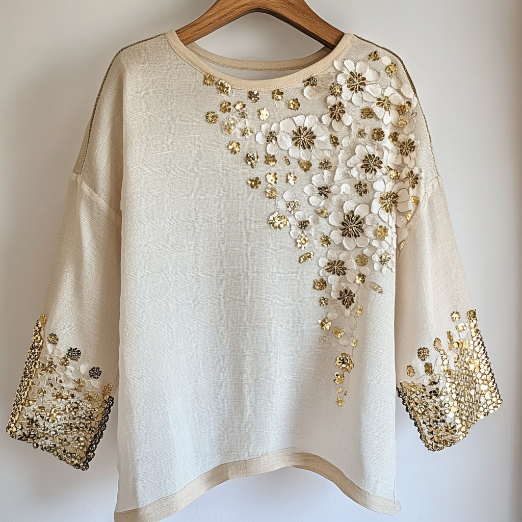 Women's Gold Stamped Sunflower Floral Art Linen Long Sleeve T-shirt artswardrobe