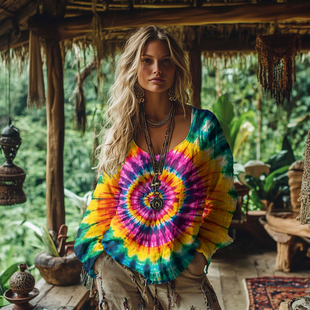 Women's Vintage Bohemian Colorful Tie-dye Art Linen Casual T-shirt artswardrobe
